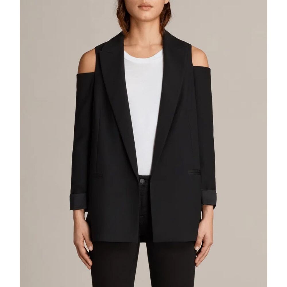 AllSaints Nora Blazer Black Cut Out Shoulder Edgy Corporate Goth SZ 6 US